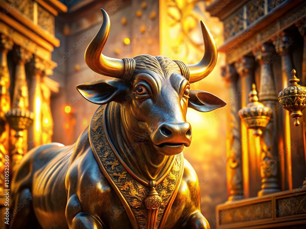 Golden Bull Statue Close-Up: Long Exposure Worship Bed Scene Golden Bull Statue Close-Up: Long Exposure Worship Bed Scene