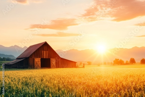A serene countryside scene with a barn and fields glowing under a golden sunset, with clouds streaked in soft pinks and purples