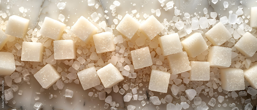 Assorted Sugar Cubes and Crystals Close-Up Abstract Background Assorted Sugar Cubes and Crystals Close-Up Abstract Background