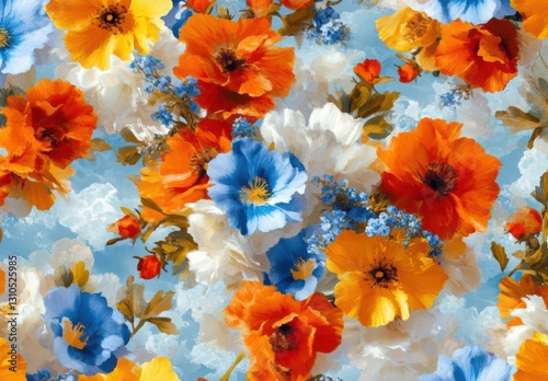 Colorful Floral Pattern with Poppies, Bluebells, and Clouds