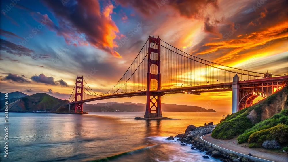 Fototapeta premium Golden Gate Bridge, San Francisco, California: Iconic Sunset View
