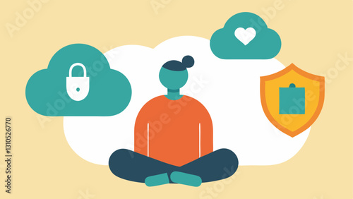 Peace of Mind Icon An illustration of a person sitting calmly with a thought bubble filled with symbols of security like a lock and a shield representing the peace of mind that