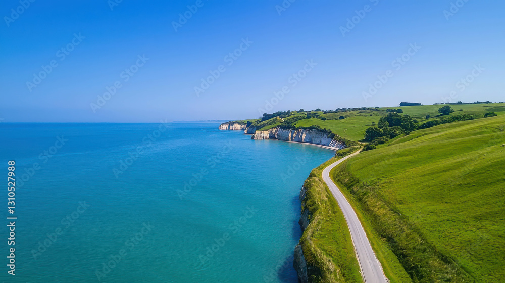 Stunning Aerial Perspective of a Coastal Road Overlooking Crystal Clear Waters and Cliffs Stunning Aerial Perspective of a Coastal Road Overlooking Crystal Clear Waters and Cliffs