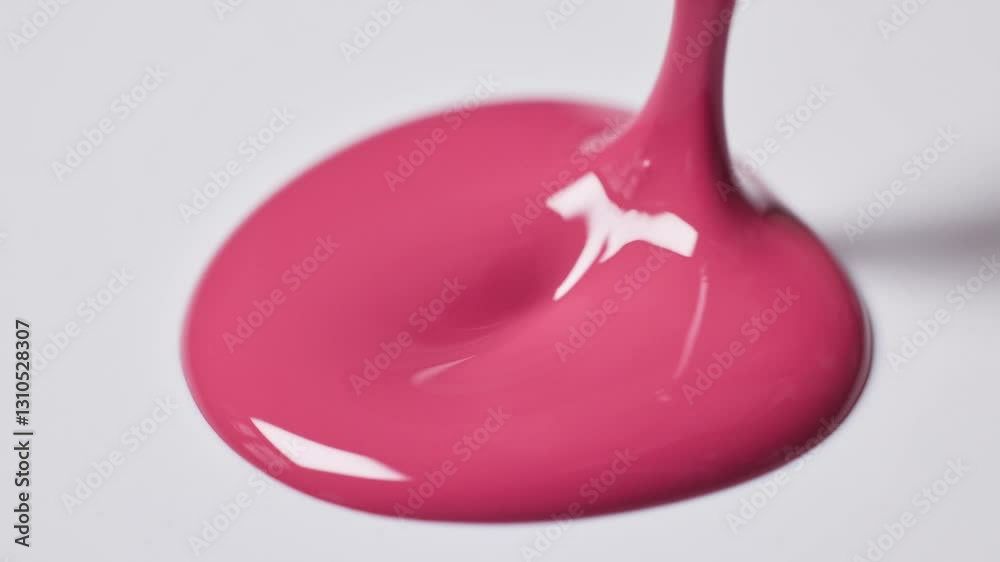 pink nail polish drop on white  background and a brush showing perfect smooth texture, closeup macro