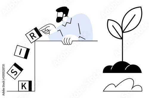 Man placing letter blocks spelling RISK to prevent them from falling, next to a growing plant symbolizing opportunity. Ideal for business strategy, risk management, growth, leadership