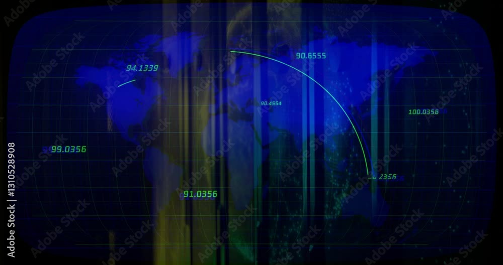 Displaying animation of world map with lines and numerical data showing connections Displaying animation of world map with lines and numerical data showing connections