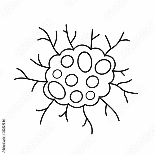 Hand-drawn bacteria or cancer cell illustration with organic shapes and branching structures. Perfect for science, microbiology, medical infographics, and educational materials.