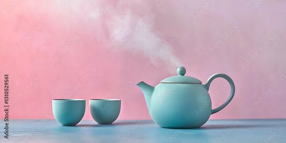 Beautiful Blue Teapot With Steam and Two Cups Set Against a Soft Pink Background in a Serene Atmosphere Beautiful Blue Teapot With Steam and Two Cups Set Against a Soft Pink Background in a Serene Atmosphere