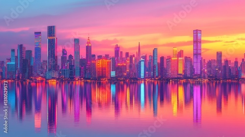 Vibrant City Skyline at Sunset Reflection