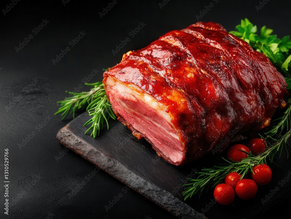 A rustic piece of meat displayed on a cutting board ready for preparation or enjoyment in a culinary setting A rustic piece of meat displayed on a cutting board ready for preparation or enjoyment in a culinary setting