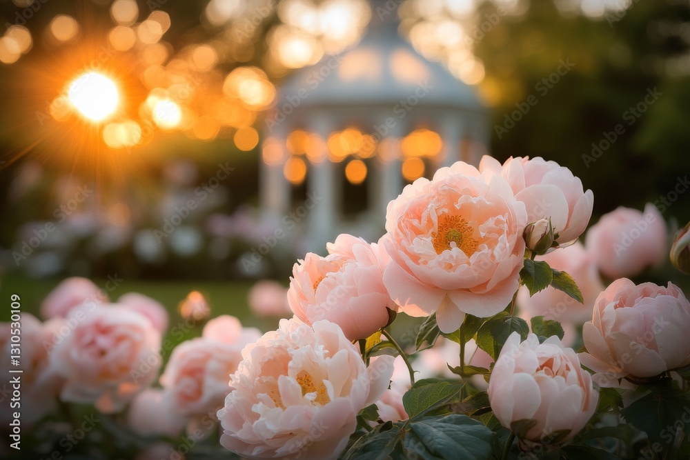 A tranquil garden scene with a gazebo and blooming flowers, bathed in the soft, golden light of a setting sun A tranquil garden scene with a gazebo and blooming flowers, bathed in the soft, golden light of a setting sun
