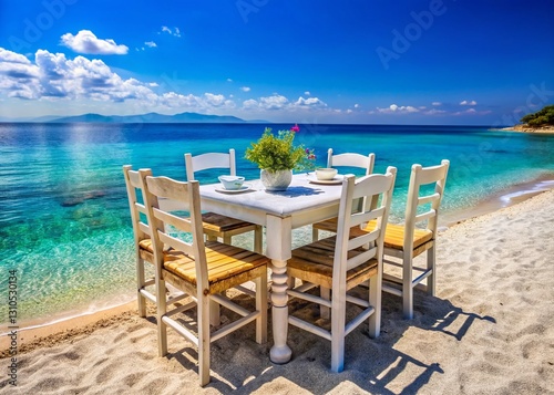 Greek Island Beachside Dining: Sun-Kissed Table Setting with Aegean Sea View