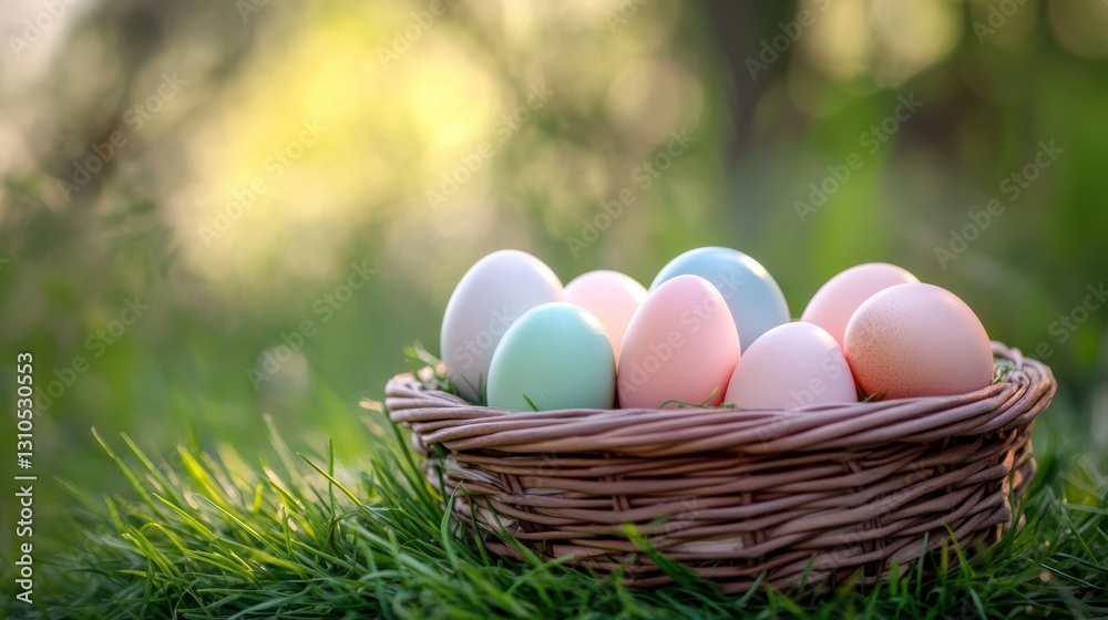 Fototapeta premium A basket of pastel eggs resting on a bed of grass
