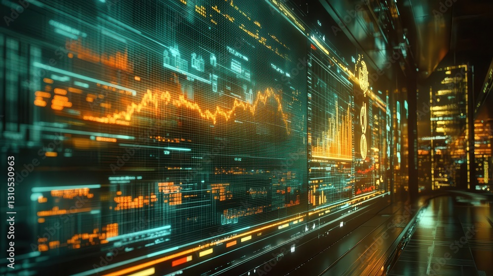 Stock market data on a large screen, lines and charts showing financial growth Stock market data on a large screen, lines and charts showing financial growth
