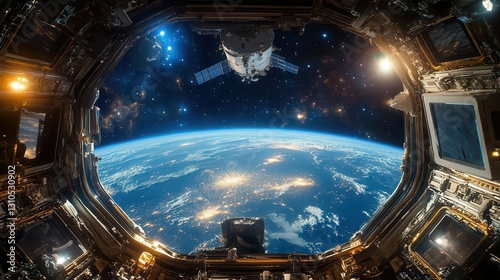 Fototapeta Naklejka Na Ścianę i Meble -  Space station with astronauts working, stars visible through the windows