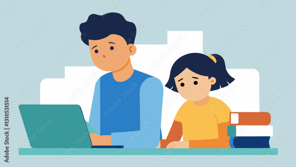Teen Helping Parent A teenager sitting next to their parent at a desk assisting them in organizing and sorting through a mountain of medical bills with a worried expression. Teen Helping Parent A teenager sitting next to their parent at a desk assisting them in organizing and sorting through a mountain of medical bills with a worried expression.