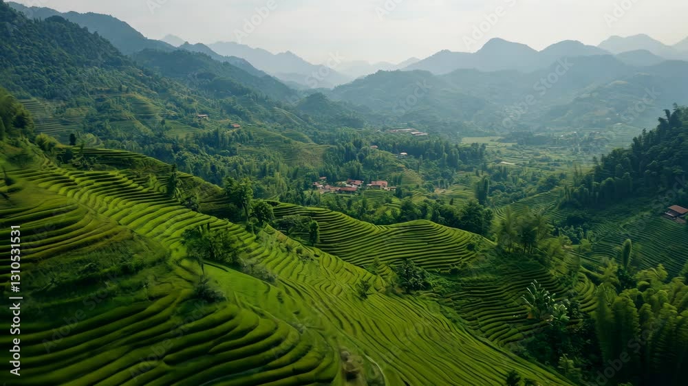 Lush green terraced fields stretch across hills in a rural area during early morning hours Lush green terraced fields stretch across hills in a rural area during early morning hours