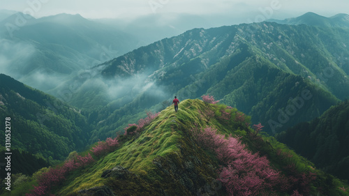 山頂から望む春の山桜、緑の山々に広がる淡いピンクの彩り photo