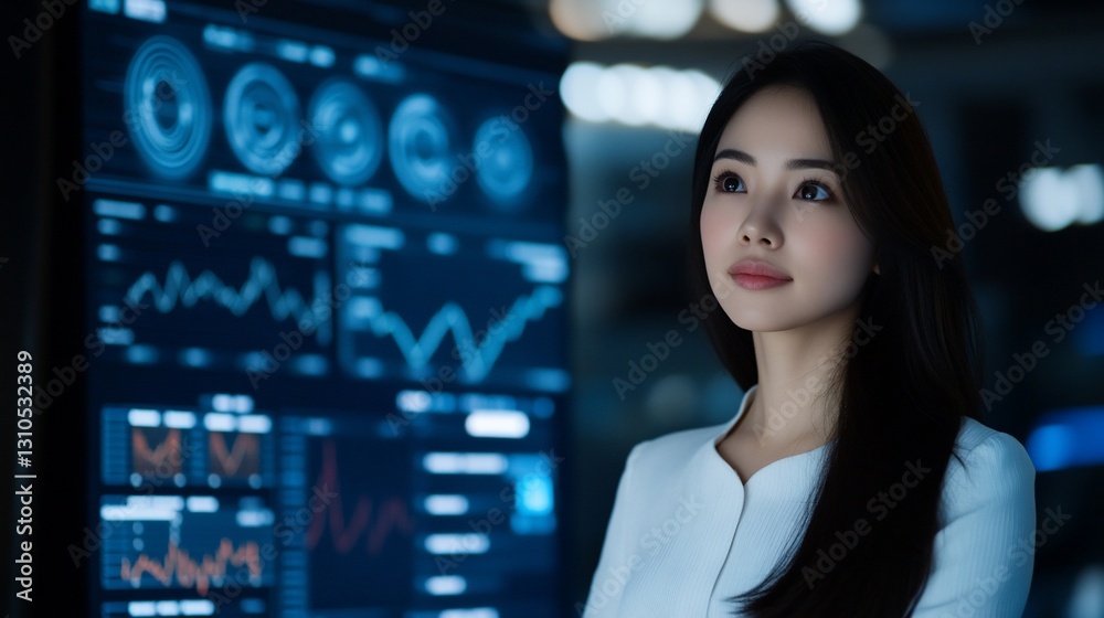 Woman analyzing data, futuristic office, night Woman analyzing data, futuristic office, night