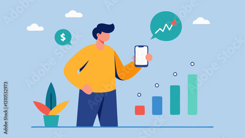 Investing Made Easy An illustration of a person exploring investment options on an app with rising bars and stock market symbols representing accessible investment services.