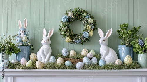 A festive mantel with Easter bunnies, garlands, and wreaths