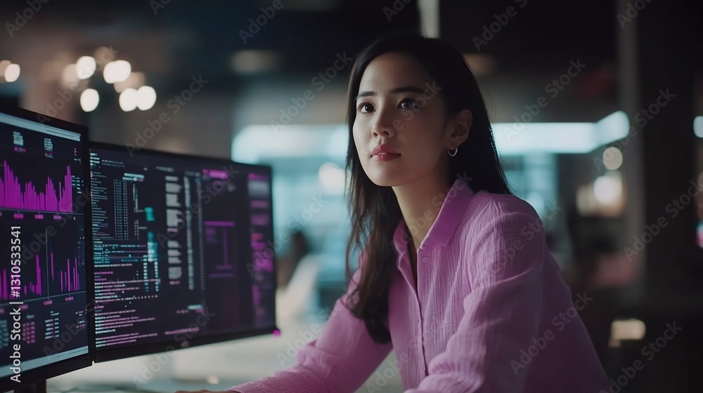 Woman coding, night office, data screens, pensive Woman coding, night office, data screens, pensive