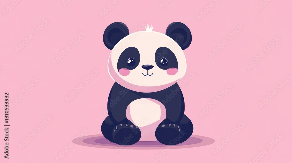 A cute cartoon panda sitting down on a plain pink background A cute cartoon panda sitting down on a plain pink background