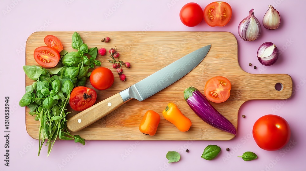 Fresh Vegetables and Herbs Arranged on a Cutting Board With a Sharp Knife Ready for Meal Preparation Fresh Vegetables and Herbs Arranged on a Cutting Board With a Sharp Knife Ready for Meal Preparation