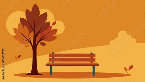 Solitary Park Bench A deserted park bench under a large tree surrounded by colorful autumn leaves with a shadow cast by the bench showing the absence of companionship.