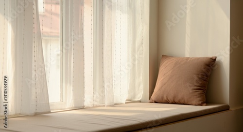 Cozy sunlit window seat with brown pillow and sheer curtains in minimalist interior