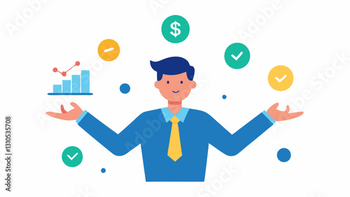 Investor Juggling An investor character juggling various icons like stocks bonds and currency symbolizing the multiple challenges they face during volatile market periods.