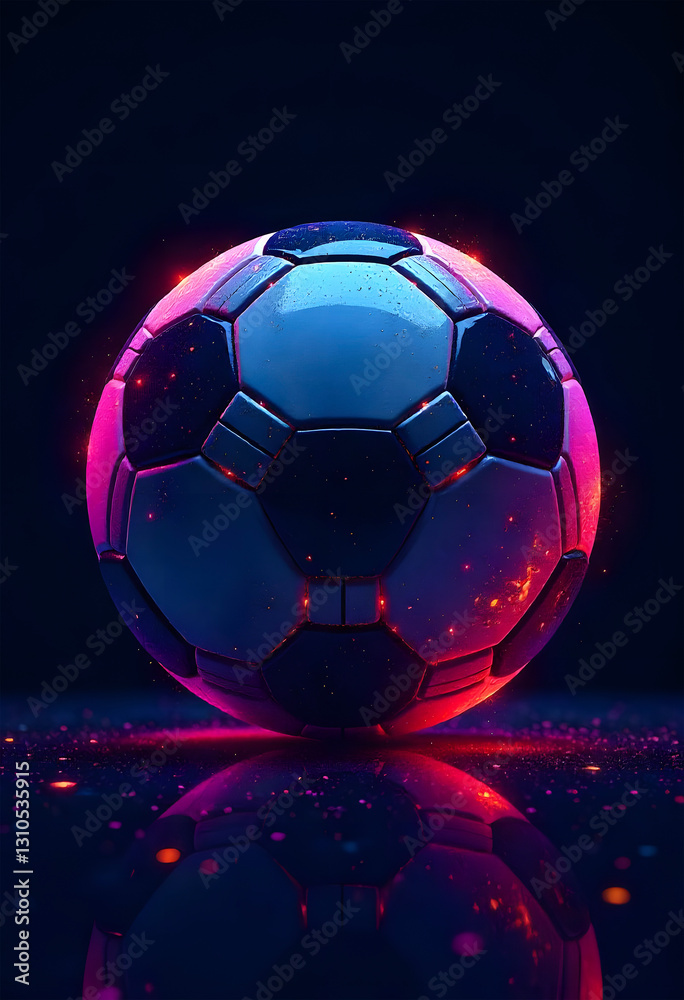 Naklejka premium illustration of soccer ball in neon light against black background. close up of football ball