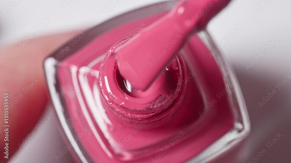 pink nail polish bottle on white  background and a brush showing perfect smooth texture, cosmetic product closeup macro, top view