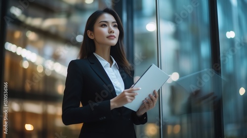 Young Asian businesswoman in a black suit standing outside a glass office building, holding a tablet and looking confident, representing corporate success and professionalism