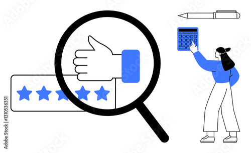 Thumbs-up, star rating under magnifying glass, woman pointing at calculator, and pen emphasizing evaluation themes. Ideal for customer feedback, review analysis, business insight, decision making