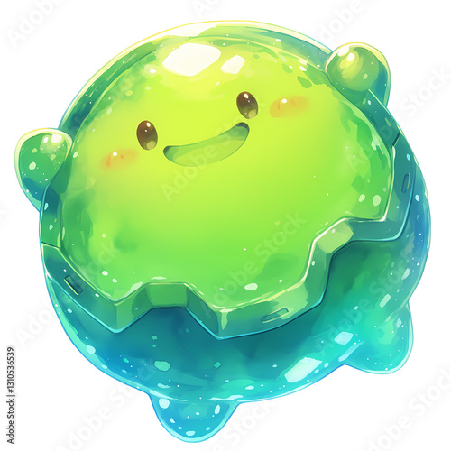 Adorable green jelly creature, digital illustration.