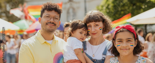 Diverse family celebrating at outdoor pride event with rainbow flags