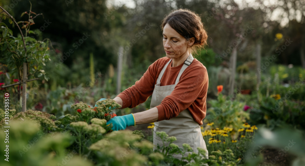Caucasian female adult gardening in lush vegetable garden at sunset Caucasian female adult gardening in lush vegetable garden at sunset