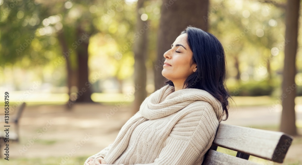 Peaceful young hispanic woman relaxing on park bench in autumn