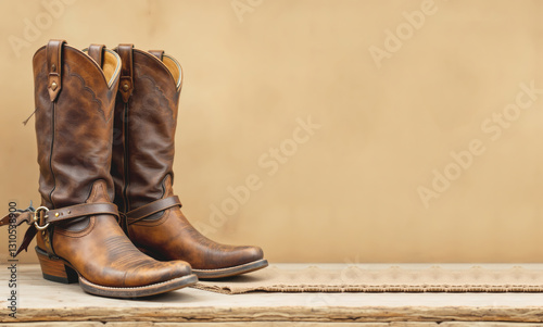 Authentic American West Rodeo Cowboy Boots with Western Spurs, Traditional Weathered Leather Roper Boots on Beige Wall