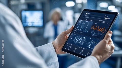 Healthcare Professional Using Tablet to Display Patient Data on Screen in Modern Medical Facility Setting