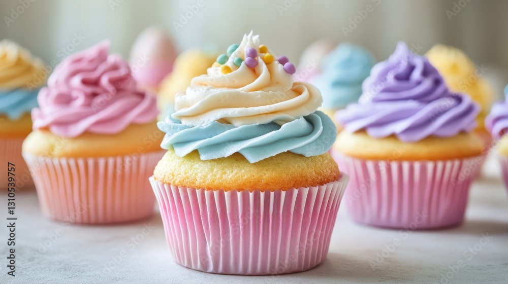 A soft-focus shot of Easter cupcakes with pastel frosting A soft-focus shot of Easter cupcakes with pastel frosting