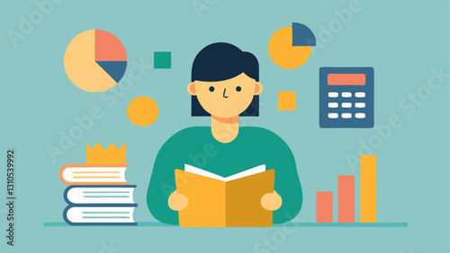 Investor Education A person reading a book titled Understanding Bonds surrounded by bonds calculators and graphs to represent the education aspect of investing in government bonds.