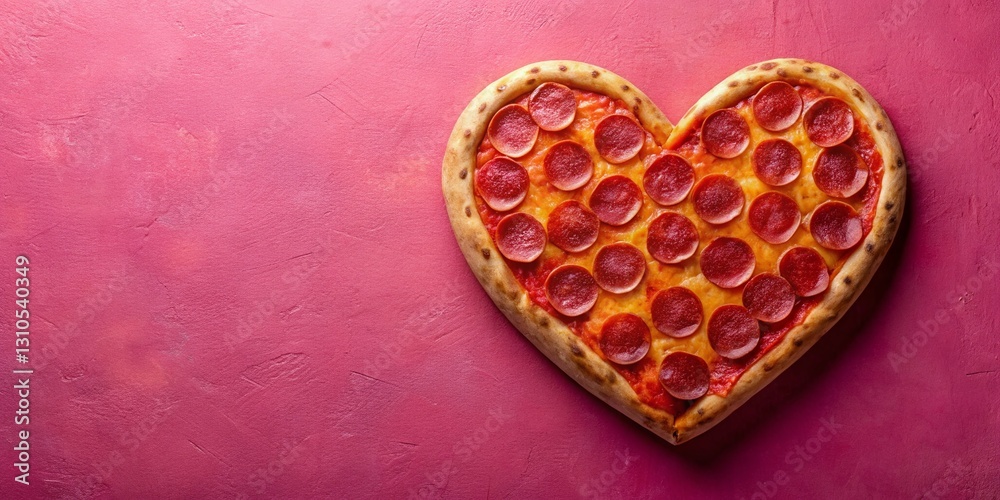 Fototapeta premium Heart-Shaped Pepperoni Pizza Valentine's Day Pink Background - Romantic Food Photography