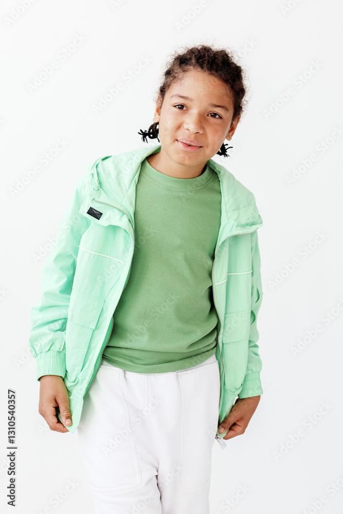 Confident young boy in stylish green jacket and white pants strikes a pose against a plain white background Confident young boy in stylish green jacket and white pants strikes a pose against a plain white background
