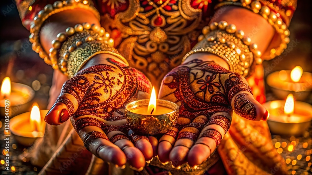 Fototapeta premium Henna Decorated Hands Gently Holding a Flickering Candle in Low Light