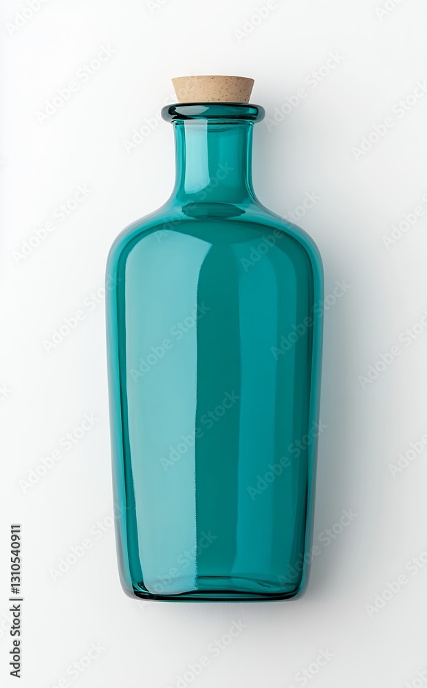 Teal Glass Bottle with Cork Stopper on White Background Teal Glass Bottle with Cork Stopper on White Background