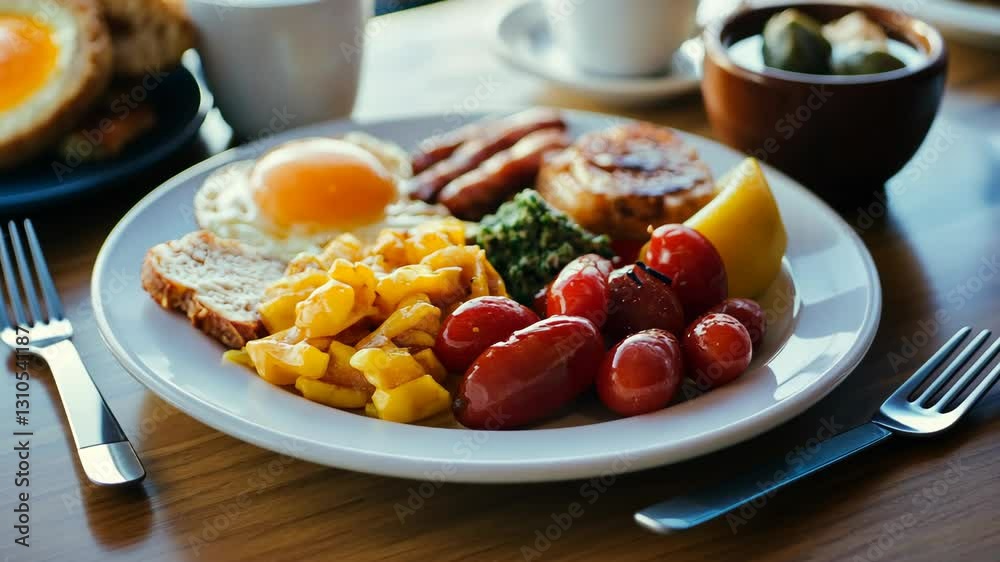 Delicious breakfast spread featuring eggs, fruits, and bread at a cozy cafe in the morning Delicious breakfast spread featuring eggs, fruits, and bread at a cozy cafe in the morning