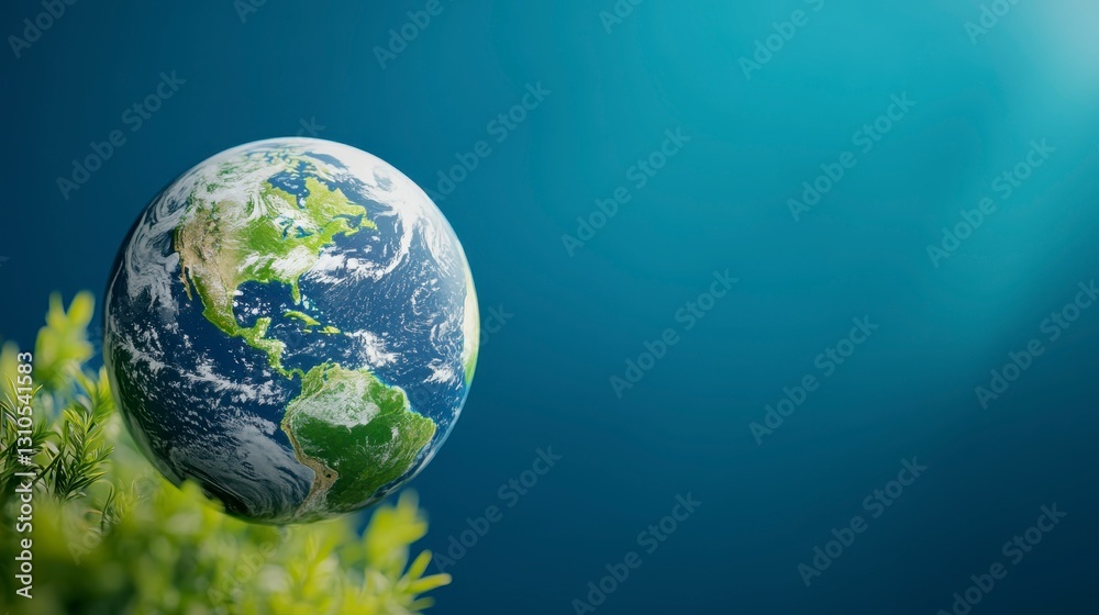 Fototapeta premium Earth Globe Surrounded by Greenery with Blue Background