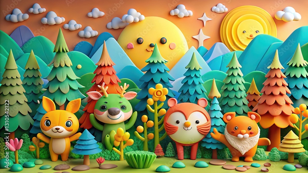 3D Clay Animal Characters in Paper Cut Forest Scene 3D Clay Animal Characters in Paper Cut Forest Scene